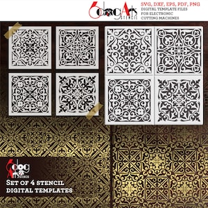Könnte beinhalten: Satz mit vier digitalen Schablonenvorlagen mit komplizierten geometrischen Mustern in Schwarzweiß. Die Muster sind von traditionellen marokkanischen Fliesendesigns inspiriert. Die Schablonen eignen sich perfekt zum Erstellen dekorativer Akzente an Wänden, Möbeln und anderen Oberflächen.