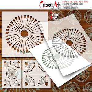 May include: A digital download of a stencil design featuring a circular pattern of radiating lines. The design is shown on a white background with a wood grain texture.