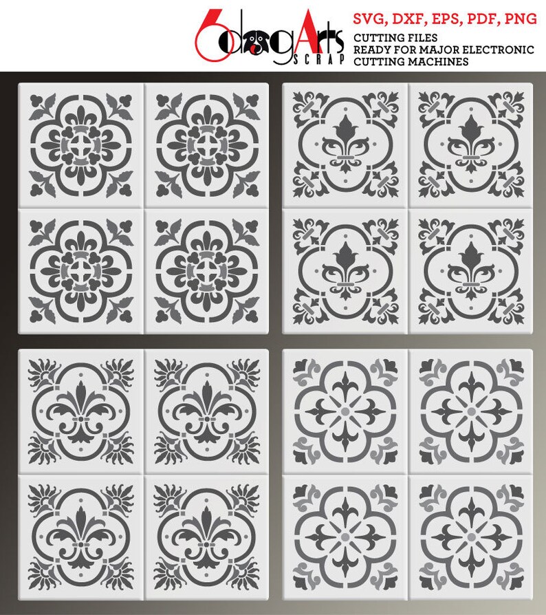 4 Tile Digital Stencil Template Designs SVG DXF cut files Etsy