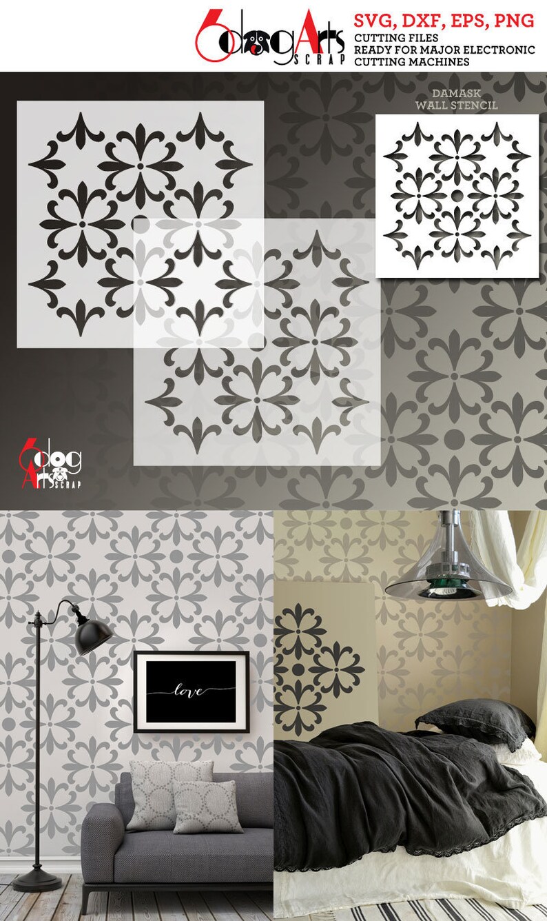 Download Damask Wall Digital Stencil Vector Cut Files SVG DXF ...