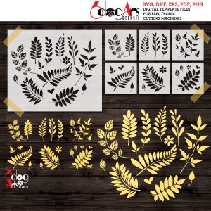 Puede incluir: Un conjunto de 18 plantillas digitales de hojas para proyectos de manualidades. Las plantillas son en blanco y negro y presentan varias formas y tamaños de hojas. Las plantillas están diseñadas para su uso con máquinas de corte electrónicas.