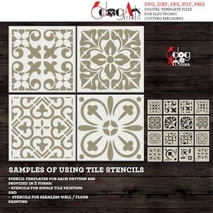 May include: A set of digital tile stencil templates for use with electronic cutting machines. The image shows four different tile designs in a light brown color. The text "SAMPLES OF USING TILE STENCILS" is at the bottom of the image.
