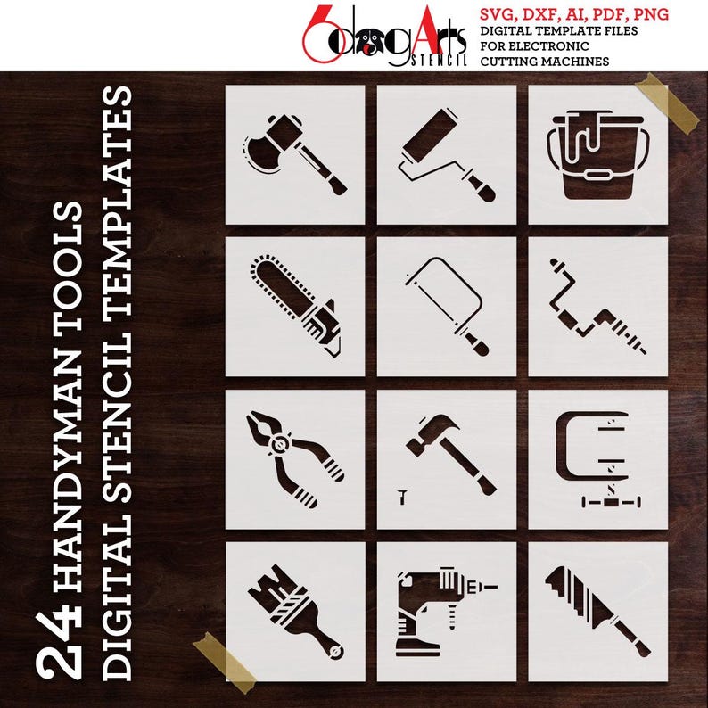 Tool Templates 12 Handyman Tools Digital Stencil Templates SVG DXF Files Mylar ...