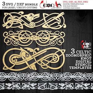 Peut inclure: Un ensemble numérique de 3 modèles de pochoirs à nœuds zoomorphes celtiques aux formats SVG, DXF, AI, PDF et PNG. L'image présente trois motifs de nœuds dorés complexes avec des animaux et deux motifs de bordure linéaires argentés.