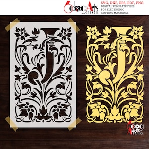 2 plantillas de monograma con la letra J del alfabeto y calcomanías DIY (archivos digitales SVG, DXF, Mylar, corte, grabado, GlowForge, Cricut, descarga JS-268)
