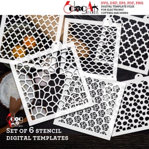 May include: Set of six digital stencil templates for electronic cutting machines. The stencils feature geometric patterns, including a honeycomb, a floral design, and a mosaic pattern.