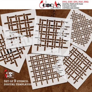 May include: Set of nine digital stencil templates featuring a woven pattern. The stencils are designed for use with electronic cutting machines. The image shows the stencils on a brown wooden surface.