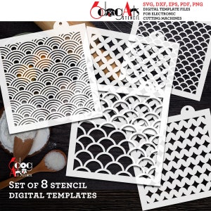 Puede incluir: Conjunto de ocho plantillas de esténcil digitales para máquinas de corte electrónicas. Las plantillas presentan patrones geométricos con círculos, diamantes y ondas.