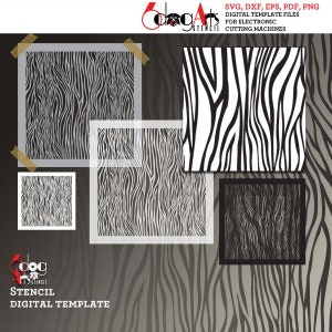 Può includere: Modello digitale per uno stencil con motivo a strisce di zebra. L'immagine mostra quattro diverse dimensioni del design dello stencil, con un motivo a strisce di zebra in bianco e nero. Il testo "CoogArts Stencil" si trova nell'angolo in basso a sinistra dell'immagine.
