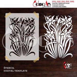 May include: A digital stencil template for electronic cutting machines featuring a bouquet of stylized daffodils. The design is shown in both black and white.