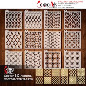 May include: Set of 12 digital stencil templates for electronic cutting machines. The templates feature geometric patterns with a woven or lattice design. The patterns are in black and white and are shown on a wood background.