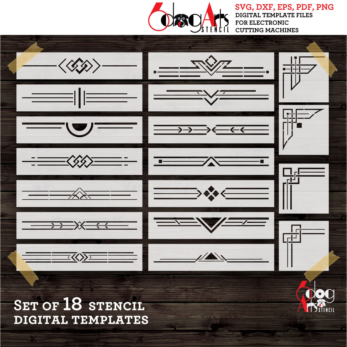 Art Deco Divider and Corners Stencil Templates SVG DXF Vector Digital Files Mylar Cutting Laser GlowForge Cricut Instant Download JS-189