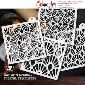 May include: Set of four digital stencil templates for electronic cutting machines. The design features a repeating pattern of stylised fan shapes in black on a white background.