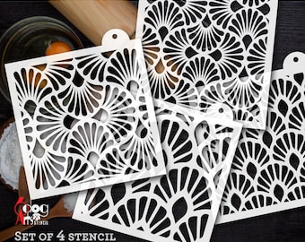 May include: Set of four digital stencil templates for electronic cutting machines. The design features a repeating pattern of stylized fan shapes in black on a white background.