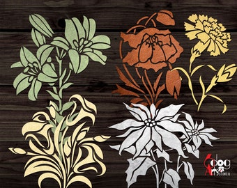 12 Flower Digital Stencil Templates SVG DXF eps pdf png files Mylar Film Cutting Wall Tile Scrapbooking Laser Cricut Download JS-103