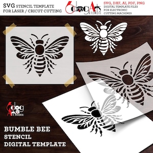 May include: A collection of white stencils featuring detailed bumble bee designs. The stencils are for laser and Cricut cutting machines. The text "SVG STENCIL TEMPLATE" and "BUMBLE BEE STENCIL DIGITAL TEMPLATE" are visible.