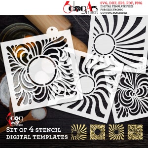 May include: Set of four digital stencil templates for electronic cutting machines. The stencils feature a variety of geometric designs with circular cutouts. The designs are black and white and are displayed on a white background.