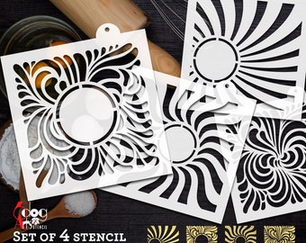 May include: Set of four digital stencil templates for electronic cutting machines. The stencils feature a variety of geometric designs with circular cutouts. The designs are black and white and are displayed on a white background.