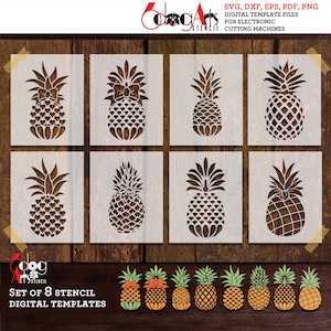May include: Set of 8 pineapple stencil digital templates. Each stencil features a unique pineapple design, some with heart patterns or bows. The stencils are designed for electronic cutting machines and come in SVG, DXF, EPS, PDF, and PNG formats.