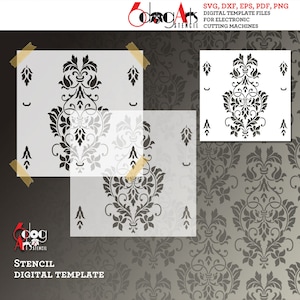 May include: A digital template for a damask pattern stencil. The template is available in SVG, DXF, EPS, PDF, and PNG formats. The image shows the stencil design on a gray background with a repeating damask pattern.