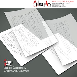 May include: Set of two digital stencil templates for electronic cutting machines. The stencils feature handwritten text in French.