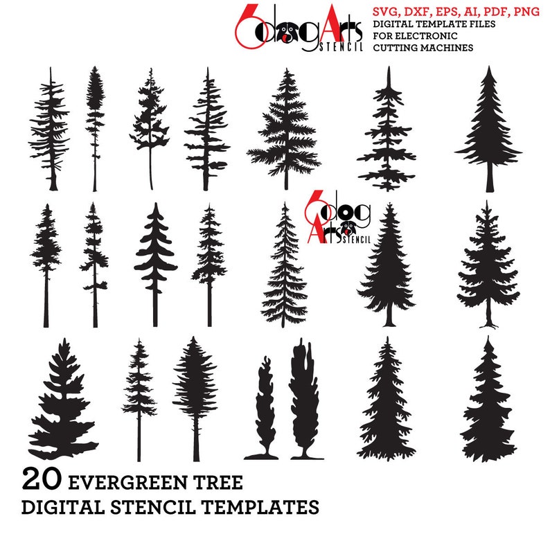 20 Evergreen Tree Pine Fir Spruce Digital Stencil Templates SVG DXF ...