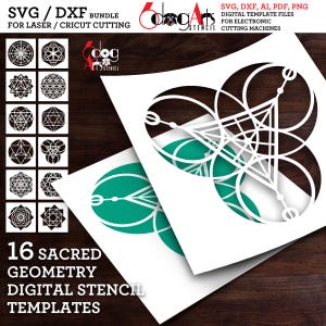 May include: A digital bundle of 16 sacred geometry stencil templates for laser and Cricut cutting machines. The collection includes various intricate circular and hexagonal patterns in black and white, featuring SVG, DXF, AI, PDF, and PNG file formats.