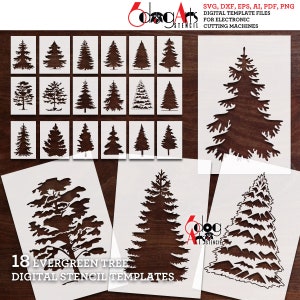 May include: Set of 18 evergreen tree digital stencil templates for electronic cutting machines. The templates are in black and white and feature various styles of trees.