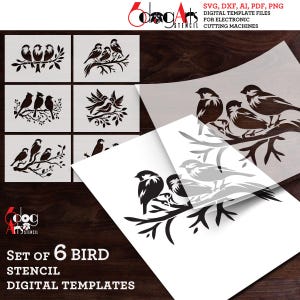 Pode incluir: Conjunto de seis modelos digitais de estêncil de pássaros. A imagem mostra uma silhueta preta e branca de pássaros em galhos. O texto "Set of 6 Bird Stencil Digital Templates" está na parte inferior da imagem.