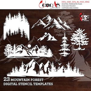 A set of 23 digital mountain forest stencil templates for electronic cutting machines. The templates feature various mountain ranges, trees, and a sun. The text "23 Mountain Forest Digital Stencil Templates" is at the bottom of the image.