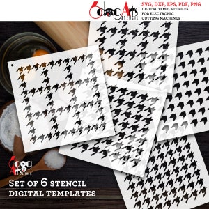 May include: Set of six digital stencil templates featuring a houndstooth pattern. The stencils are in black and white and are designed for use with electronic cutting machines. The text "Set of 6 Stencil Digital Templates" is displayed at the bottom of the image.