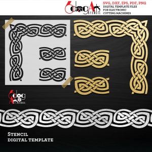 Może przedstawiać: Cyfrowy szablon do projektu obramowania z węzłem celtyckim. Projekt zawiera element narożny, powtarzający się obramowanie i trzy mniejsze elementy. Szablon jest dostępny w formatach SVG, DXF, EPS, PDF i PNG.