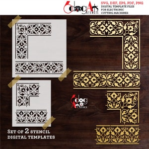 Damask Arabesque Corner Border Stencil / Decal Digital Templates SVG DXF vector files Mylar Vinyl Cutting Silhouette Cricut Download JB-1432
