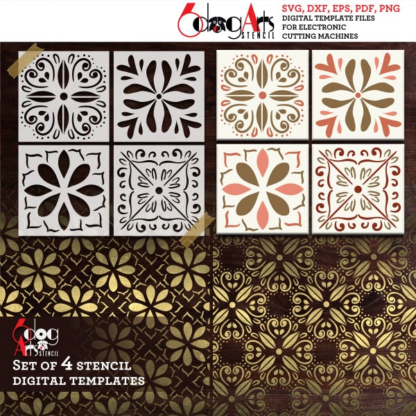 4 Mexican Talavera Tile Digital Stencil Templates SVG DXF vector files diy Mylar Film Cutting Crafts Silhouette Cricut Download JB-1514