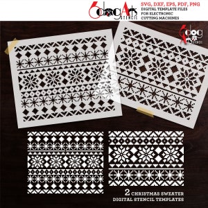 Könnte beinhalten: Zwei digitale Schablonenvorlagen für Schneidemaschinen mit einem Weihnachtspullover-Design mit einem weißen Schneeflocken- und geometrischen Muster auf schwarzem Hintergrund. Der Text "2 Christmas Sweater Digital Stencil Templates" befindet sich am unteren Rand des Bildes.