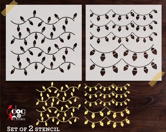 May include: Set of two digital stencil templates for cutting machines. The stencils feature a repeating pattern of string lights with bulbs. The first stencil is black and white, and the second stencil is yellow.