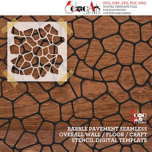 Puede incluir: Una plantilla digital para un patrón sin costuras de formas irregulares, perfecto para crear un proyecto único de pared, suelo o artesanía. El diseño se llama "Rabble Pavement" y está disponible en los formatos SVG, DXF, EPS, PDF y PNG.