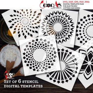 May include: Set of six digital stencil templates for electronic cutting machines. The stencils feature geometric designs with a black and white colour scheme.