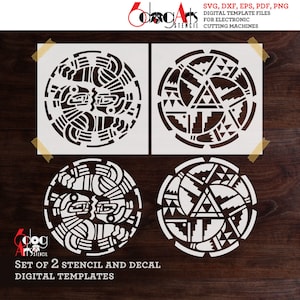 Könnte beinhalten: Set aus zwei digitalen Schablonen- und Dekorbildern mit einem kreisförmigen Design mit geometrischen Mustern. Die Designs sind in Schwarzweiß gehalten und eignen sich perfekt für Bastelprojekte.