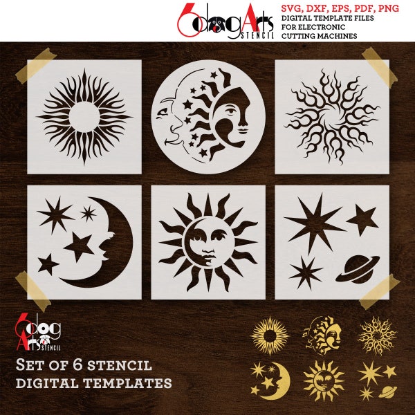 6 Celestial, Tribal Sun and Moon Stencil Digital Templates SVG DXF vector files diy Cutting Cricut GlowForge Instant Download JS-129