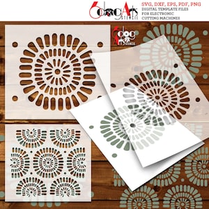May include: A digital template file for an electronic cutting machine. The design features a repeating pattern of concentric circles with a geometric design. The template is available in SVG, DXF, EPS, PDF, and PNG formats.