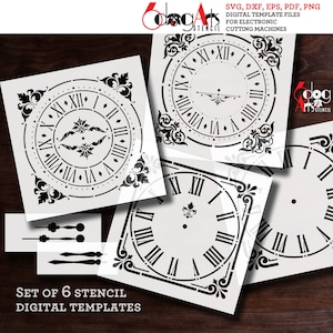 May include: Set of six digital clock face stencils for crafting projects. The stencils feature ornate clock faces with Roman numerals and decorative flourishes. The stencils are designed for use with electronic cutting machines.