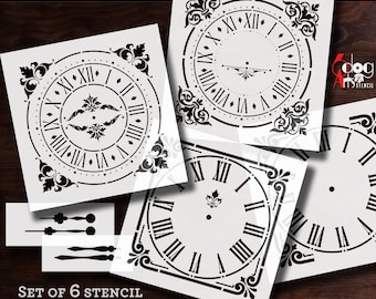 May include: Set of six digital clock face stencils for crafting projects. The stencils feature ornate clock faces with Roman numerals and decorative flourishes. The stencils are designed for use with electronic cutting machines.