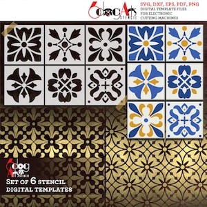 6 Mexican Talavera Tile Digital Stencil Templates SVG DXF vector files diy Mylar Film Cutting Crafts Silhouette Cricut Download JB-1513