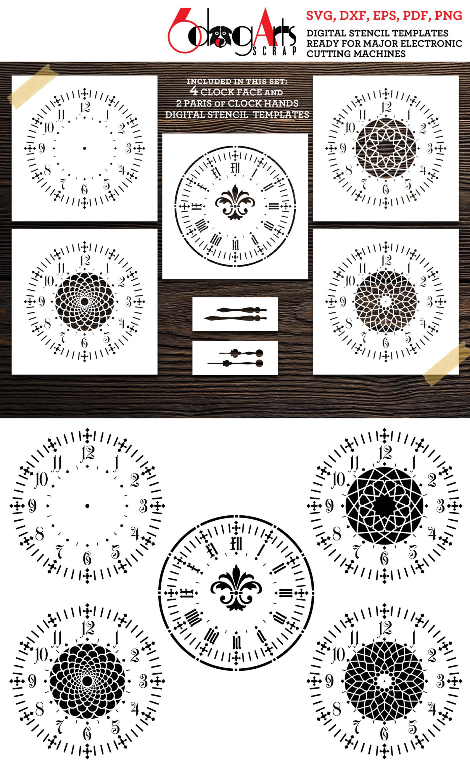 4 Clock Face Digital Stencil Templates SVG DXF Vector Files Mylar Film ...
