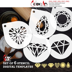 6 Diamond Digital Cookie Coffee Stencil Templates SVG DXF vector files Mylar Polyester Film Laser Cutting Silhouette Cricut Download JB-1582