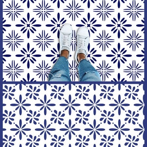 A digital download of a stencil design featuring a repeating pattern of blue stylized flowers on a white background. The design is shown in two different sizes with a person's feet standing on the design.