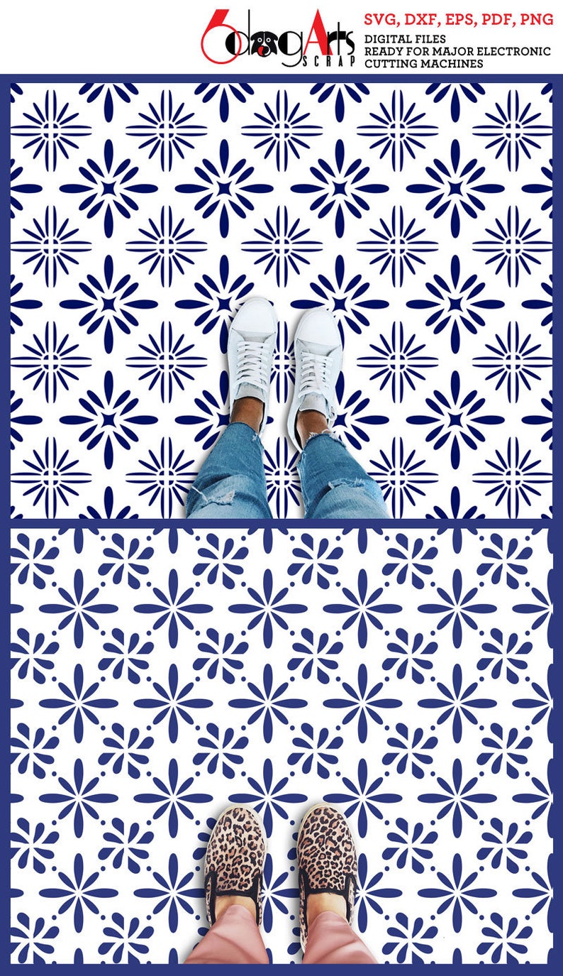 A digital download of a stencil design featuring a repeating pattern of blue stylized flowers on a white background. The design is shown in two different sizes with a person's feet standing on the design.
