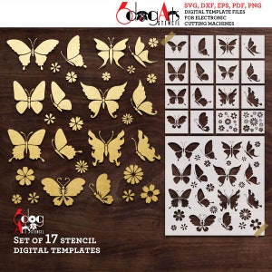 May include: A set of 17 digital butterfly stencil templates for electronic cutting machines. The stencils are in black and white and feature various butterfly designs. The image also shows a set of gold butterflies on a wooden background.