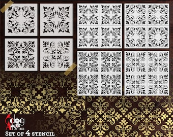 May include: Set of four digital stencil templates featuring intricate black and white floral designs. The stencils are perfect for crafting projects and can be used with electronic cutting machines.